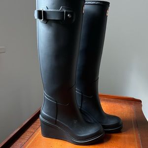 Hunter and Anthropologie collaboration wedge rubber boot.